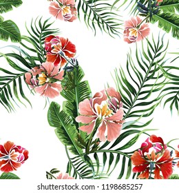 Seamless exotic pattern with tropical leaves and flowers. 