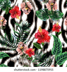 Seamless exotic pattern with tropical leaves and flowers. 