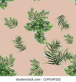 Seamless exotic pattern with tropical leaves . Vector illustration.