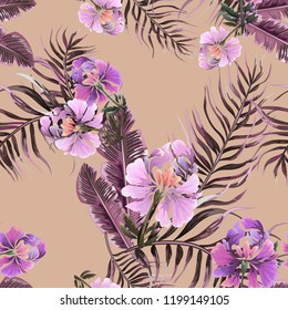 Seamless exotic pattern with tropical leaves and flowers. 