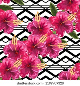 Seamless exotic pattern with tropical leaves and flowers.