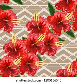 Seamless exotic pattern with tropical leaves and flowers.