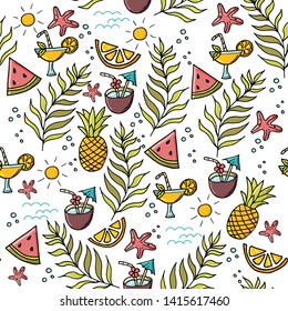 Seamless exotic pattern with tropical leaves, fruits, coctails.