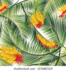 Seamless Exotic Pattern with Tropical Leaves and Flowers