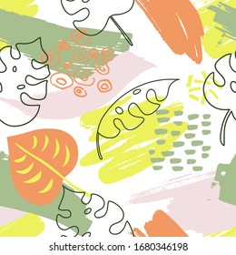 Seamless exotic pattern with tropical leaves. Modern abstract design for paper, wallpaper, cover, fabric and other users. Vector illustration.