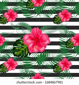 Seamless exotic pattern with tropical leaves and flowers on the black white geometric background. Hibiscus, palm.