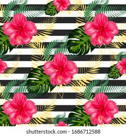 Nahtlose exotische Muster mit tropischen Blättern und Blumen auf schwarz-weißem, geometrischem Hintergrund. Hibiscus, Palme.