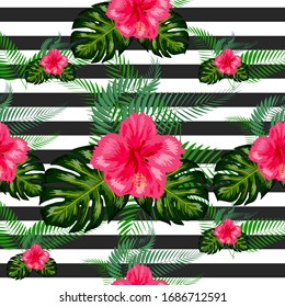 Seamless exotic pattern with tropical leaves and flowers on the black white geometric background. Hibiscus, palm.
