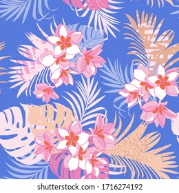 Seamless exotic pattern with tropical leaves and  plumeria flowers. Vector hand draw background.