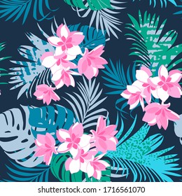 Seamless exotic pattern with tropical leaves and  plumeria flowers. Vector hand draw background.