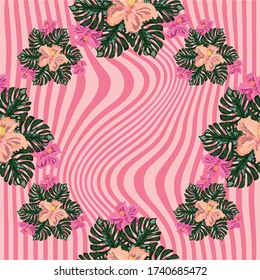 Nahtlose exotische Muster mit tropischen Blättern und Blumen auf weißem Hintergrund. Hibiscus, Palm.