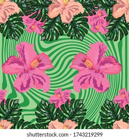 Patrón exótico sin foco con hojas tropicales y flores en un fondo blanco. Hibiscus, palmera.