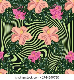 Seamless exotic pattern with tropical leaves and flowers on a white background. Hibiscus, palm.