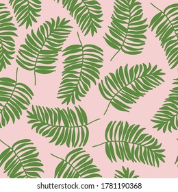 Patrón exótico sin foco con hojas tropicales en un fondo rosado. Ilustración vectorial.