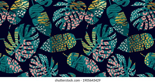 Seamless exotic pattern with tropical leaves, animal prints and hand drawn textures. Vector illustration. Modern abstract design for paper, wallpaper, cover, fabric, Interior decor and other users.