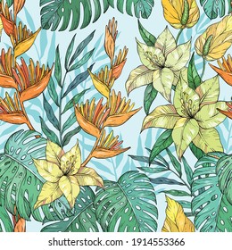 Seamless exotic pattern with tropical leaves and flowers. Blooming jungle. Vector illustration.