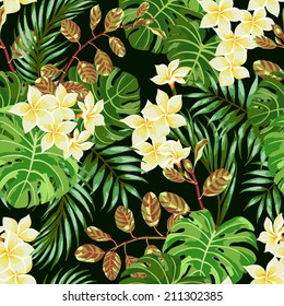 Diseño exótico sin inconvenientes con hojas y flores tropicales. Ilustración vectorial.
