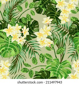 Seamless exotic  pattern with  tropical leaves and flowers on a beige background background. Vector illustration.