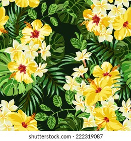 Seamless exotic pattern with tropical leaves and flowers on a black background.  Plumeria, hibiscus, monstera, palm. Vector illustration.