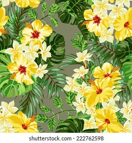 Seamless exotic pattern with tropical leaves and flowers on a  gray background.  Plumeria, hibiscus, monstera, palm. Vector illustration.