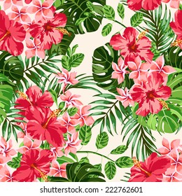 Seamless exotic pattern with tropical leaves and flowers on a  white background.  Plumeria, hibiscus, monstera, palm. Vector illustration.