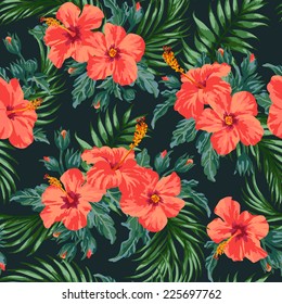 Seamless exotic pattern with tropical leaves and flowers on a black background. Hibiscus, palm. Vector illustration.