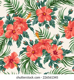 Seamless exotic pattern with tropical leaves and flowers on a white background. Hibiscus, palm. Vector illustration.