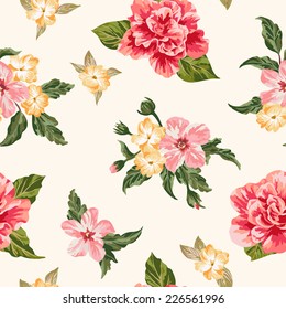 Seamless exotic pattern with tropical leaves and flowers on a white background.  Vector illustration.