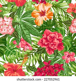 Seamless exotic pattern with tropical leaves and flowers on a white background. Plumeria, hibiscus, monstera, palm. Vector illustration.