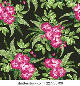 Diseño exótico sin inconvenientes con hojas tropicales y flores sobre un fondo blanco. Hibiscus, palmera. Ilustración vectorial.