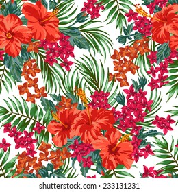 Seamless exotic pattern with tropical leaves and flowers on a white background. Hibiscus, monstera, palm. Vector illustration.