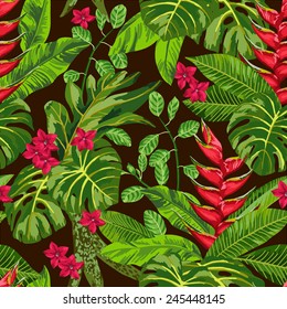 Seamless exotic pattern with tropical leaves. Blooming jungle. Vector illustration.