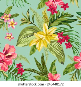 Seamless exotic pattern with tropical leaves and flowers. Blooming jungle. Vector illustration.