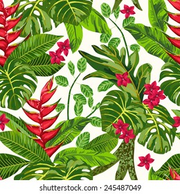 Seamless exotic pattern with tropical leaves. Blooming jungle. Vector illustration.