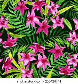 Seamless exotic pattern with tropical leaves and flowers.Watercolor  vector illustration.