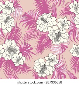 Seamless exotic pattern with tropical leaves and flowers. Blooming jungle. Vector illustration.