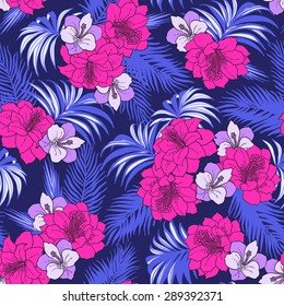 Seamless exotic pattern with tropical leaves and flowers. Blooming jungle. Neon colors