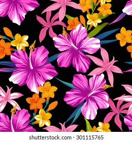 Seamless exotic pattern with tropical leaves and flowers. Blooming jungle. Vector illustration.