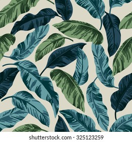 Seamless exotic pattern with tropical leaves in vintage style. Vector illustration.