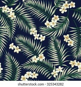 Seamless exotic pattern with tropical leaves and flowers. Vector illustration.