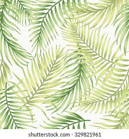 Seamless exotic pattern with tropical leaves on a white background. Vector illustration.