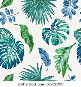 Seamless exotic pattern with tropical leaves on a white background. Vector illustration.