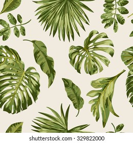 Seamless exotic pattern with tropical leaves on a white background. Vector illustration.