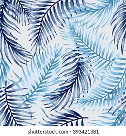 Seamless exotic pattern with tropical leaves on a white background. Vector illustration. Blue leaves.