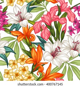 Seamless exotic pattern with tropical leaves and flowers. Blooming jungle. Vector illustration.