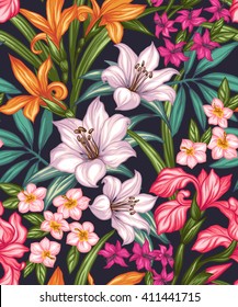 Seamless exotic pattern with tropical leaves and flowers. Blooming jungle. Vector illustration.