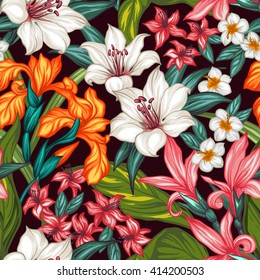 Padrão exótico sem costura com folhas tropicais e flores. Selva florescente. Ilustração vetorial.