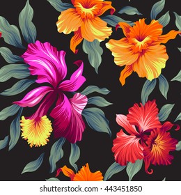 Seamless exotic pattern with tropical leaves and flowers. Blooming jungle. Vector illustration.