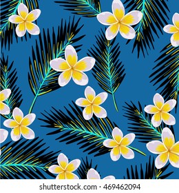 Seamless exotic pattern with tropical leaves and flowers.
