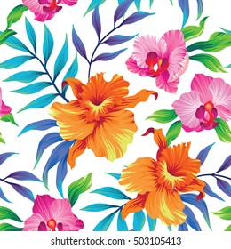 Diseño exótico sin inconvenientes con hojas y flores tropicales. La selva floreciente. Ilustración vectorial.